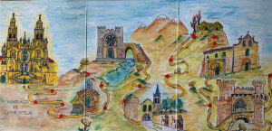 Troisième double page aquarellée de la credencial du Camino de Sagunto montrant le tracé final de Ponferrada à Santiago de Compostela, avec les étapes Molinaseca, Cacabelos, Villafranca del Bierzo, O Cebreiro, Alto do Poio, Triacastela, Sarria, Barbadelo, Portomarín, Palas de Rei, Melide, Arzúa, Monte do Gozo et Santiago, illustrées de la cathédrale de Compostelle, du château de Ponferrada, de l'église de Sarria, du col enneigé d'O Cebreiro et de la chapelle de Portomarín.