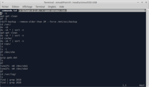 Capture d'écran d'un terminal Linux montrant l'éditeur Vim avec plusieurs onglets ouverts (commade.txt, kclean-4.2.sh, save-serveur.txt). L'interface affiche des commandes shell exécutées depuis Vim, illustrant l'intégration du terminal dans l'éditeur.