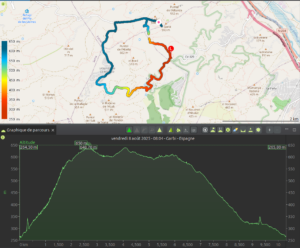 Carte du tracé GPX d'une randonnée en boucle autour du sommet de l'El Garbí en Espagne, colorisée du bleu au rouge selon l'altitude entre 250 et 650 m, avec un profil altimétrique en forme de dôme symétrique partant de 264 m, atteignant 648 m au sommet puis redescendant à 265 m, enregistrée le vendredi 8 août 2025.