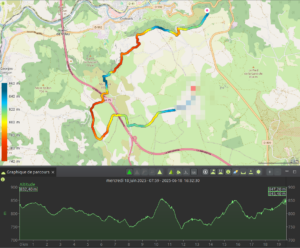 Carte du tracé GPX du premier jour du Tour du Larzac, reliant le point de départ aux environs de Creissels au premier bivouac sur environ 19,5 km, colorisé du rouge au bleu-vert selon l'altitude entre 740 et 860 m, avec un profil altimétrique très ondulé oscillant entre 750 et 860 m, enregistré le mercredi 18 juin 2025.