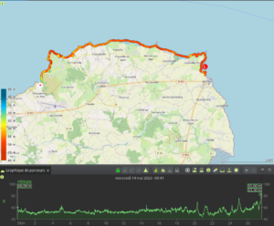 Carte du tracé GPX du deuxième jour de randonnée, reliant Barfleur à Cherbourg-en-Cotentin en longeant le littoral nord de la presqu'île du Cotentin sur environ 27 km, colorisé en rouge et orange indiquant des altitudes comprises entre 40 et 85 m, avec profil altimétrique enregistré le mercredi 14 mai 2025.
