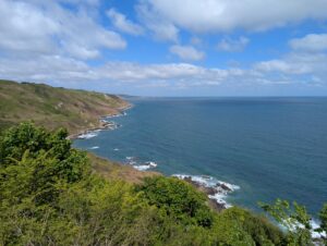 Vue panoramique en hauteur depuis le site de La Batterie sur une côte de falaises verdoyantes plongeant directement dans la mer, avec des rochers battus par de légères vagues blanches en contrebas, la ligne côtière se prolongeant vers l'ouest, sous un ciel bleu à gros cumulus.