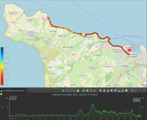 Carte du tracé GPX du quatrième jour de randonnée, reliant Cherbourg-en-Cotentin à Omonville-la-Rogue en longeant la côte nord-ouest du Cotentin sur environ 21,5 km, colorisé du bleu au rouge selon l'altitude entre 0 et 70 m, avec un profil altimétrique présentant une bosse centrale marquée autour du kilomètre 14, enregistré le vendredi 16 mai 2025.