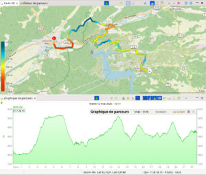 Carte et profil altimétrique de l'étape 1 du Tour du Lac d'Esparron : tracé GPX de 22,5 km de Gréoux-les-Bains à Esparron-de-Verdon, coloré par altitude (rouge ~300 m, bleu ~550 m), avec dénivelé positif de 5 140 m cumulés.