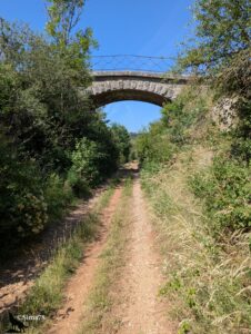 Sentier de terre herbeux passant sous un pont en arc de pierre calcaire à garde-corps métallique losangé, encadré d'une végétation arbustive dense, sous un ciel bleu vif, sur une ancienne emprise ferroviaire reconvertie en chemin de randonnée.