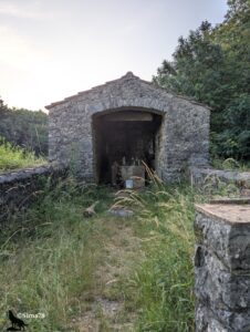 Petite chapelle votive en moellons calcaires à voûte en plein cintre et toit de tuiles romanes, abritant un autel garni de statuettes religieuses, d'ex-votos et de fleurs artificielles, entourée de hautes herbes et de murets de pierre, dans la lumière laiteuse de l'aube.