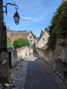 Ruelle pavée étroite encadrée de murs en pierre, avec des maisons à colombages en arrière-plan, un lampadaire suspendu et une végétation luxuriante sous un ciel bleu.