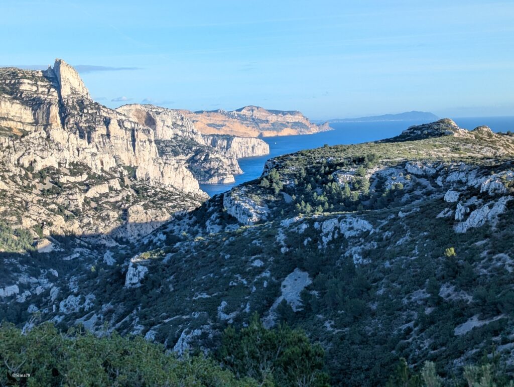 Vue panoramique depuis les hauteurs du massif des Calanques sur une succession de falaises calcaires plongeant vers la Méditerranée bleue, avec le Cap Canaille aux teintes ocre et dorées visible au loin, une île silhouettée à l'horizon, et un vallon boisé de pins en contrebas, dans la lumière dorée de fin d'après-midi de janvier.