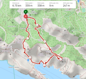 Carte du tracé GPX d'une randonnée en boucle de 6,73 km dans le massif des Calanques, partant des Baumettes à Marseille, descendant vers la calanque de Sormiou et remontant par le col de Morgiou, avec un dénivelé positif de 339 m et une altitude maximale de 247 m, numérotée de 1 à 6.