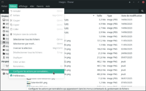 Menu Édition de Thunar avec l'option « Configurer les actions personnalisées… » en surbrillance