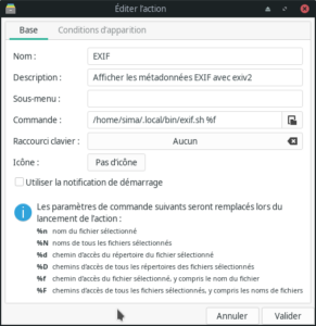 Fenêtre « Éditer l'action », onglet Base, avec les champs Nom, Description et Commande renseignés