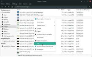 Menu contextuel de Thunar sur un fichier image, avec l'entrée « EXIF » mise en surbrillance