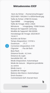 Fenêtre « Métadonnées EXIF » affichant les informations techniques d'un fichier JPEG issu d'un Samsung SM-G930A