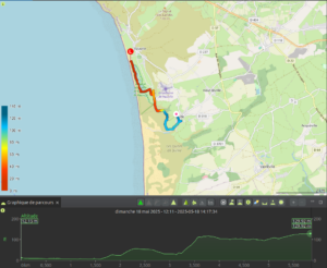 Carte du tracé GPX du sixième jour de randonnée, reliant Vauville à Biville en longeant la côte ouest du Cotentin sur environ 5,9 km, colorisé du rouge au bleu-vert selon l'altitude entre 0 et 140 m, avec un profil altimétrique en montée progressive et soutenue jusqu'à 130 m en fin d'étape, enregistré le dimanche 18 mai 2025.