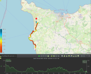 Carte du tracé GPX du septième jour de randonnée, reliant Biville à Surtainville en longeant la côte ouest du Cotentin sur environ 30,5 km, colorisé du rouge au bleu-vert selon l'altitude entre 0 et 140 m, avec un profil altimétrique démarrant haut puis ondulant régulièrement entre 40 et 100 m sur toute l'étape, enregistré le lundi 19 mai 2025.