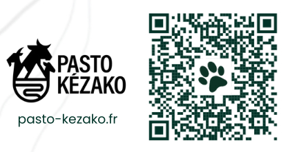 Logo et QR code de l'application Pasto Kézako, avec l'adresse du site pasto-kezako.fr. Le QR code intègre une empreinte de patte en son centre.