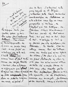 Page manuscrite à l'encre noire sur papier ligné, numérotée 64 en haut à gauche. Le texte, rédigé en écriture cursive serrée, se déploie en deux colonnes irrégulières avec des ajouts et ratures marginaux. Quelques mots sont soulignés ou biffés.