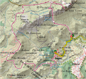 Carte topographique espagnole au 1/25 000 montrant le tracé en rose d'une randonnée en boucle numérotée de 1 à 8 autour du sommet de l'El Garbí à 696 m, passant par les lieux-dits El Pla del Garbí, Les Foies, La Masada, Segart et El Bassó, avec les courbes de niveau, les barrancs et les points cotés.