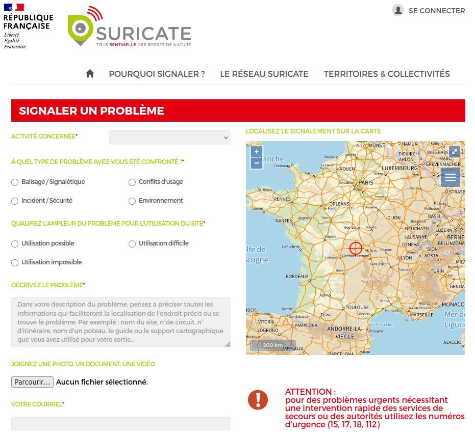Interface du formulaire de signalement de l'application Suricate, avec carte de France interactive et champs de saisie du problème rencontré