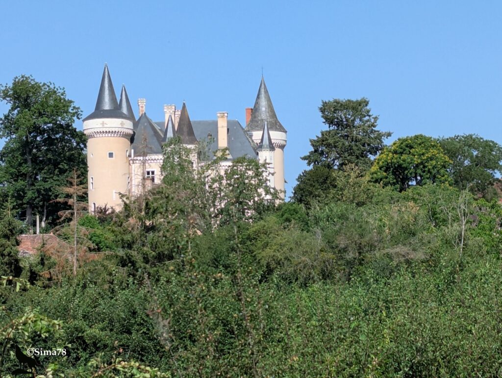 Photographie du château de Saint-Chartier, édifice aux façades claires flanqué de tourelles à toitures pointues, dominant une végétation dense sous un ciel bleu dégagé.