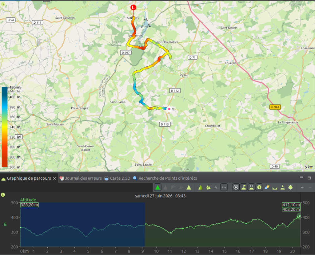 Carte topographique et profil altimétrique de l'étape 5 du Sentier des Maîtres Sonneurs, itinéraire de 20,581 km reliant Sidiailles à Mesples, avec une altitude variant entre 260 m et 420 m.