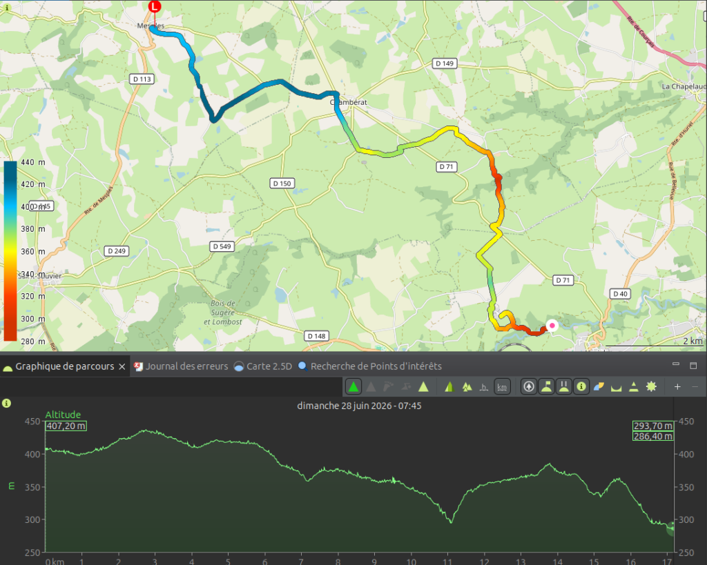 Carte topographique et profil altimétrique de l'étape 6 du Sentier des Maîtres Sonneurs, itinéraire de 17,181 km reliant Mesples à Huriel, avec une altitude variant entre 280 m et 440 m.