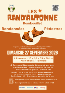 Affiche de l'événement "Les Rand'Automne Rambouillet", randonnées pédestres organisées par le CPTRR en partenariat avec la commune d'Émancé, le dimanche 27 septembre 2026. Le visuel présente deux chaussures de randonnée sur fond orange et crème, le logo du CPTRR, un QR code, et les informations pratiques : 4 parcours de 10, 20, 35 et 50 km, un parcours découverte de 5 km guidé par une conférencière avec départ à 10h, animations et tombola. Départs échelonnés de 7h à 10h depuis la salle Alfred Manessier, rue d'Orphin à Émancé (78125), parking gratuit. Tarif unique de 8€, gratuit pour les moins de 16 ans. Inscriptions sur www.randautomne.rando-rambouillet.fr, renseignements au 06 40 20 59 03. Logos des partenaires en bas de l'affiche : Crédit Mutuel, Mairie d'Émancé, Intersport, FFRandonnée Yvelines.