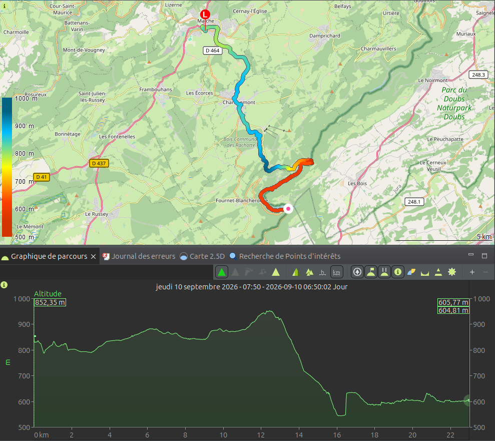Capture d’écran d’un logiciel de cartographie montrant un tracé coloré en fonction de l’altitude, de Maîche au nord-ouest vers le sud-est, en passant près de Charquemont, avec en dessous le profil altimétrique d’environ 23 km, entre 950 m et 540 m d’altitude.